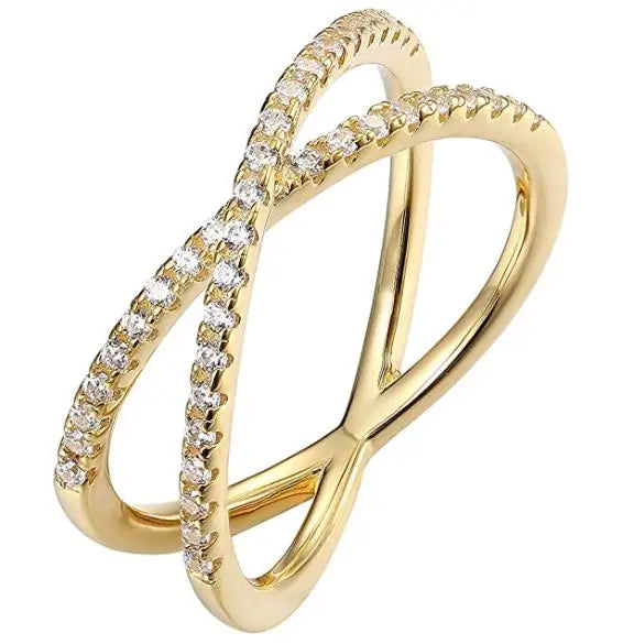 14K Gold Plated X Ring Simulated Diamond CZ Criss Cross Ring for Women pattanaustralia